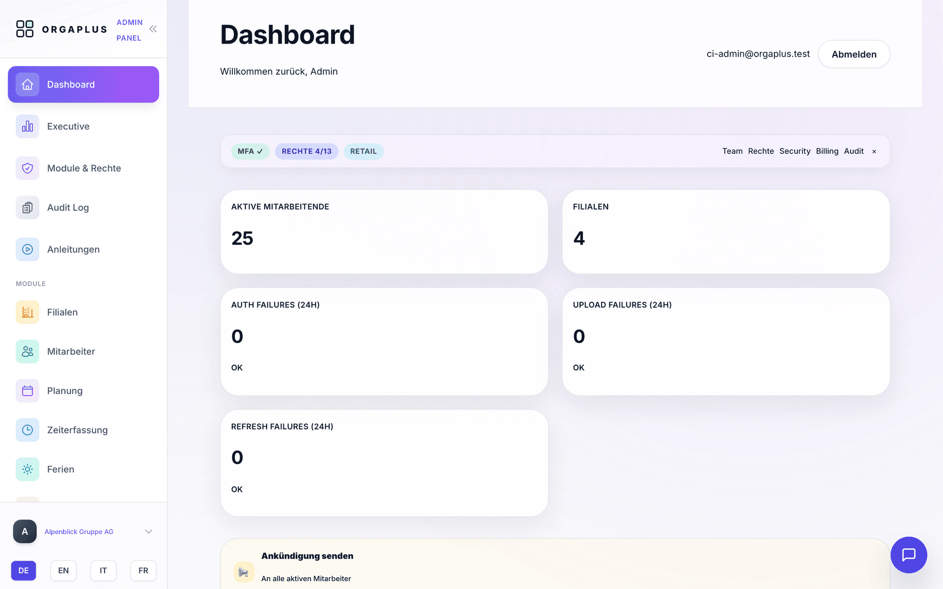 OrgaPlus admin dashboard with key figures on employees, branches and security