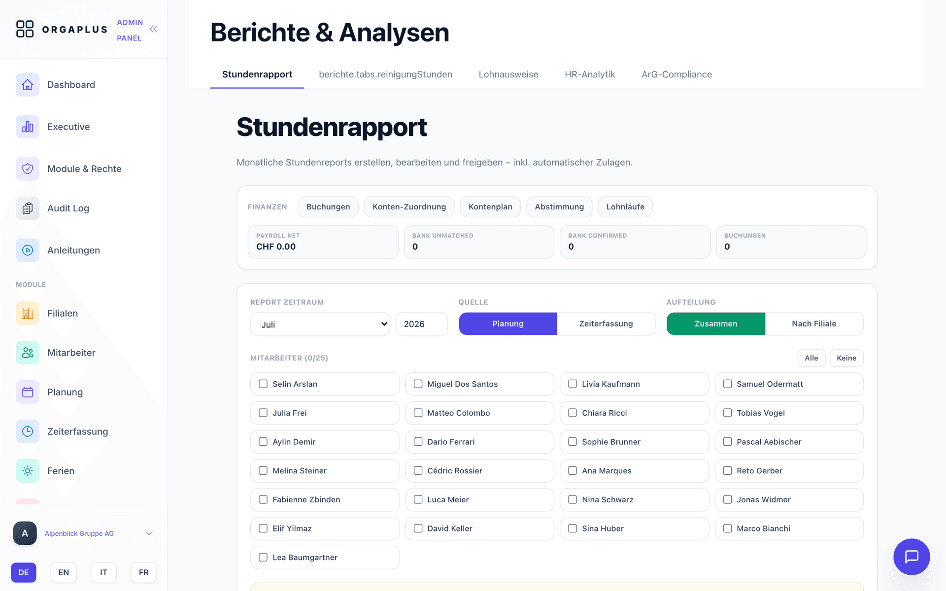 Hour reports in OrgaPlus with automatic premiums and labour-law compliance