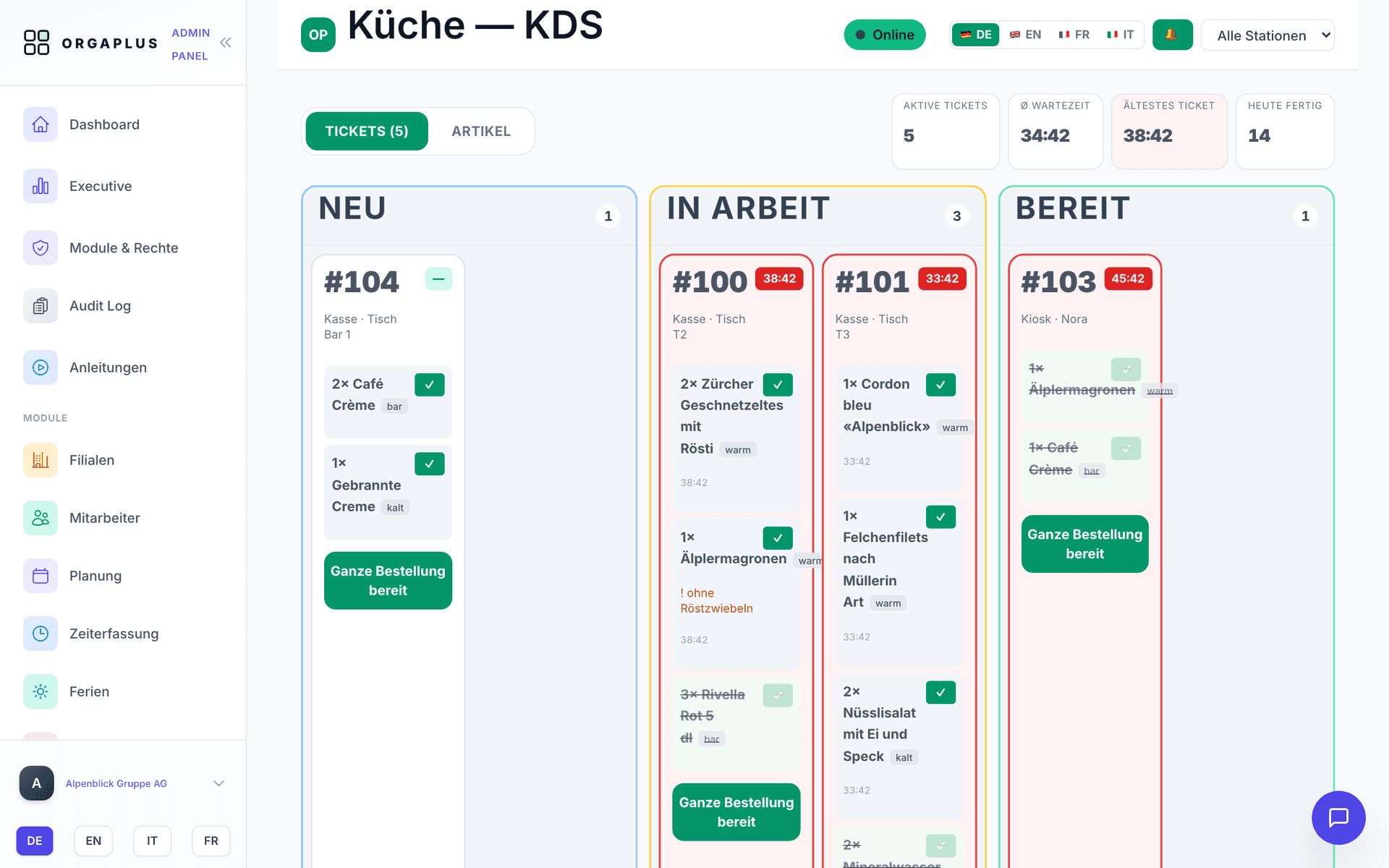 Display cucina (KDS) in OrgaPlus con ticket, postazioni e tempi di attesa