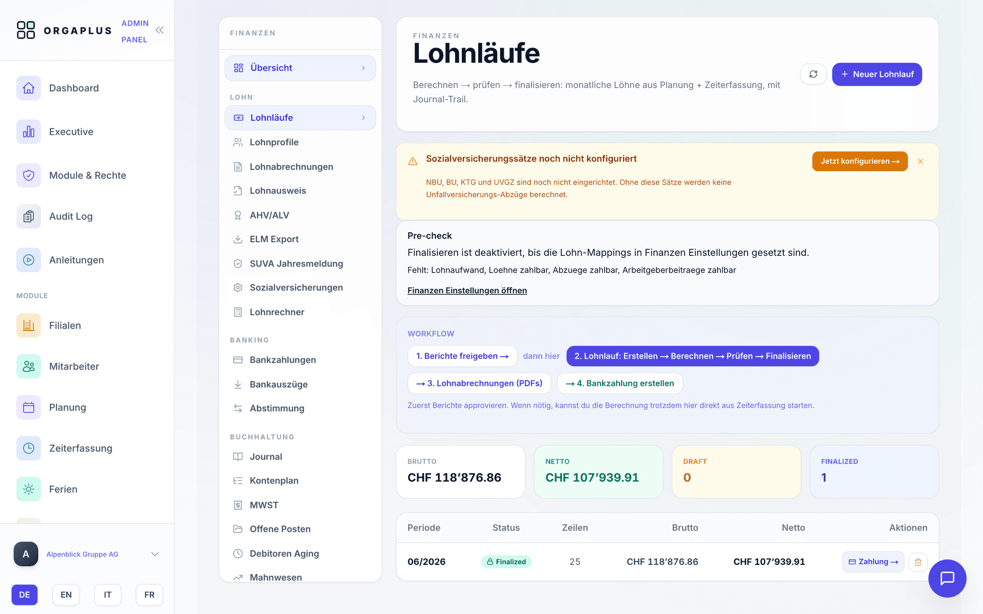 Payroll runs in OrgaPlus: calculate, review and finalize with a journal trail