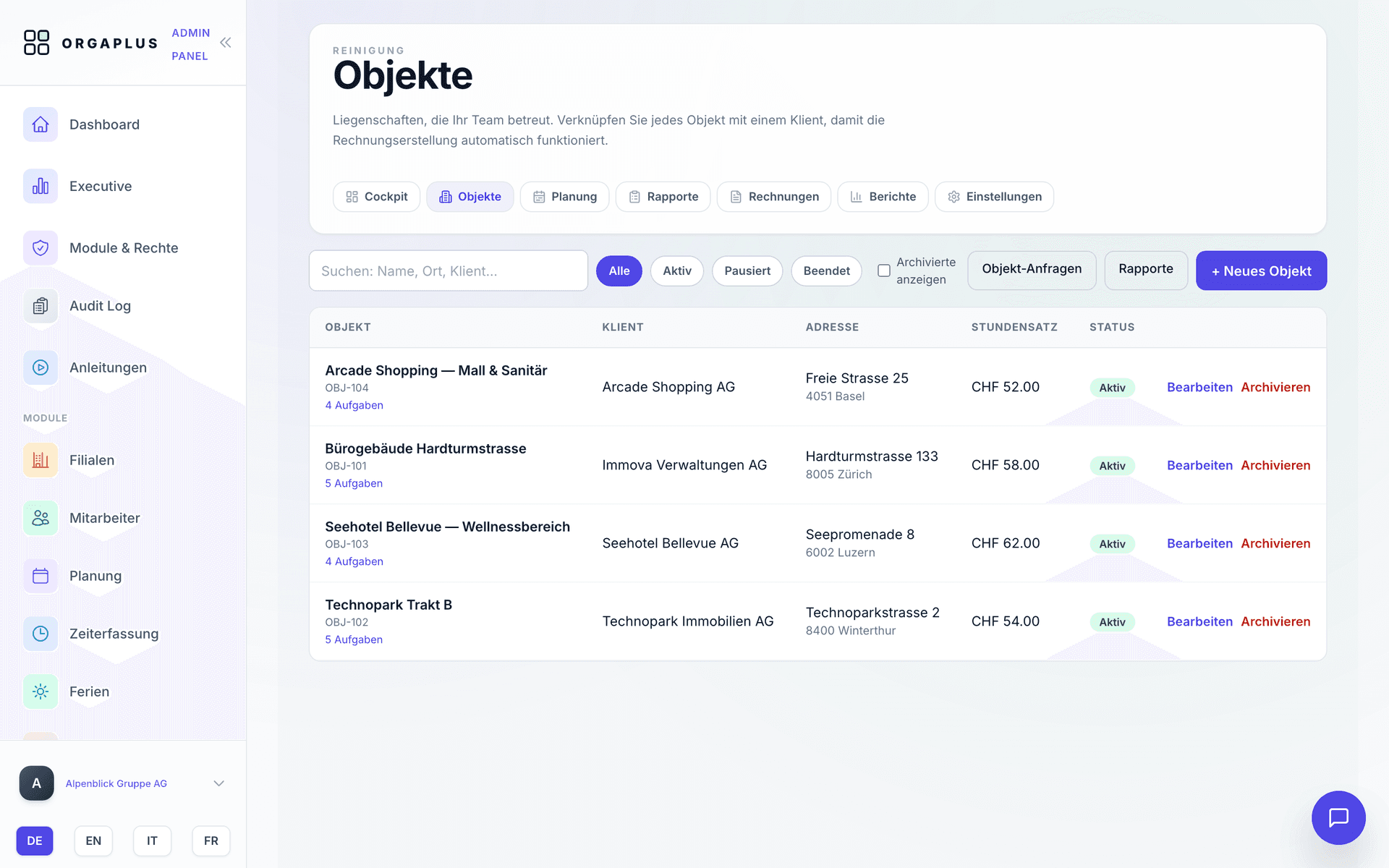Site management in OrgaPlus with clients, addresses, hourly rates and status