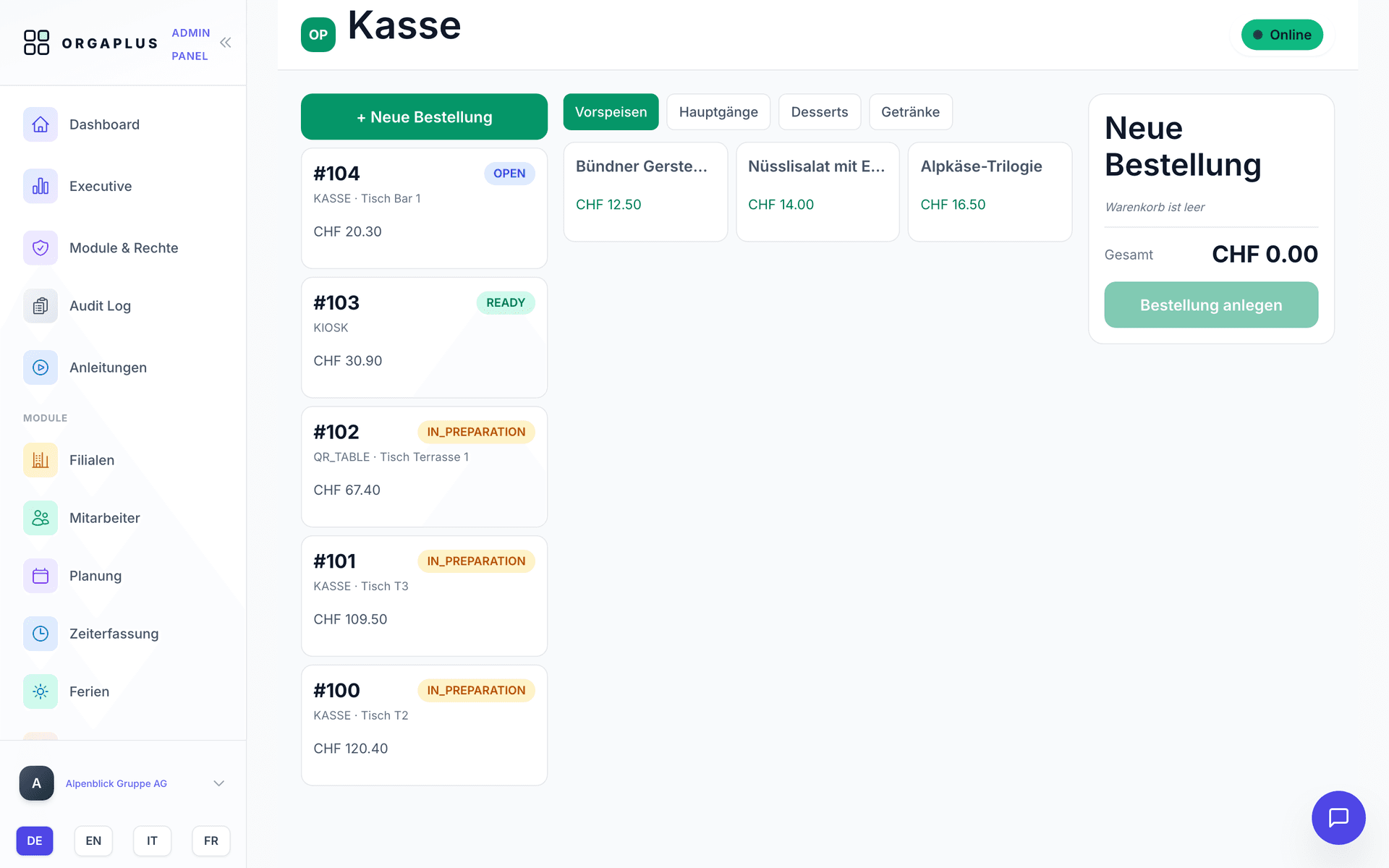 Cassa POS in OrgaPlus con presa ordini, categorie e carrello in CHF
