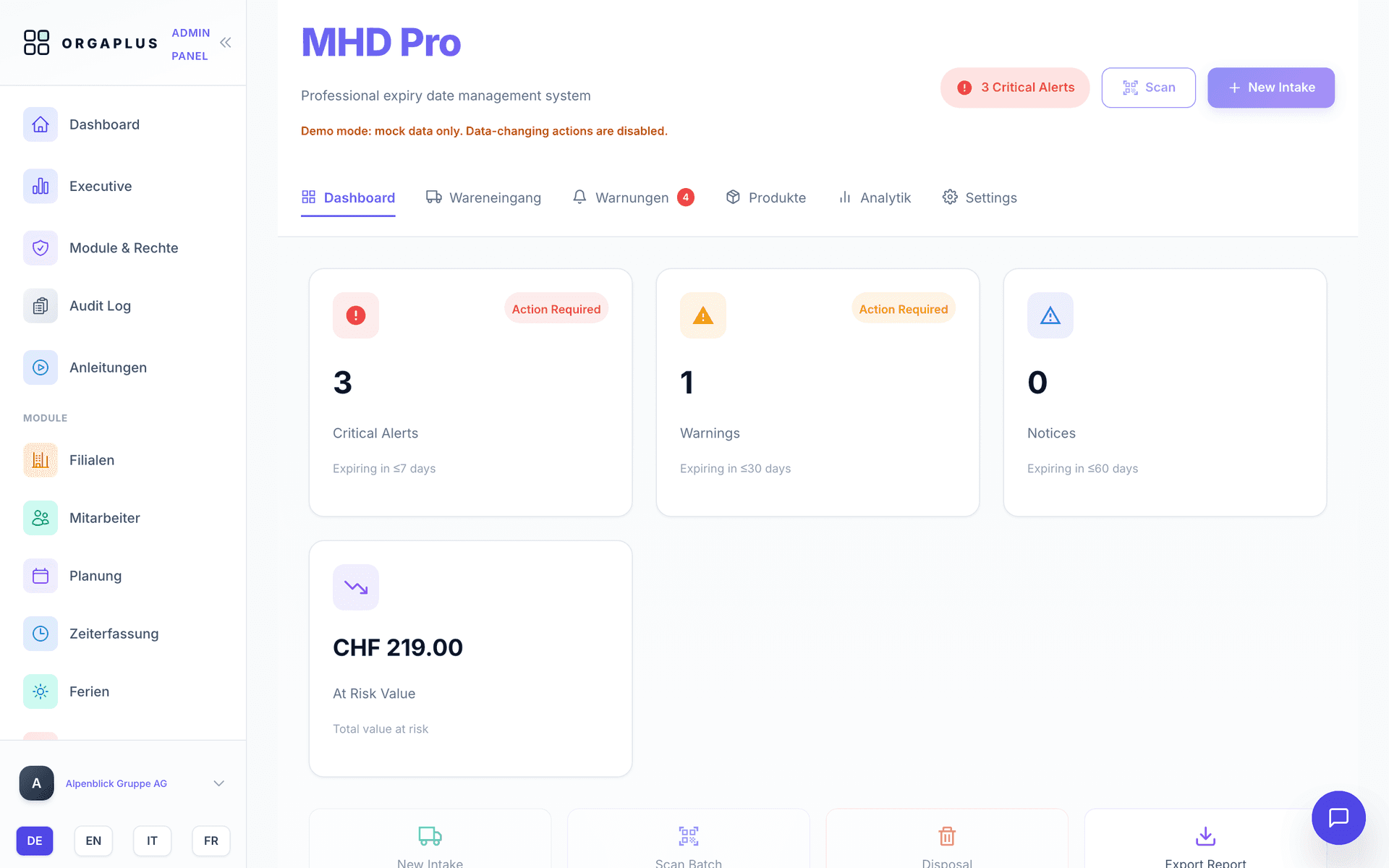 MHD Pro in OrgaPlus con avvisi, entrata merci e valore di magazzino a rischio