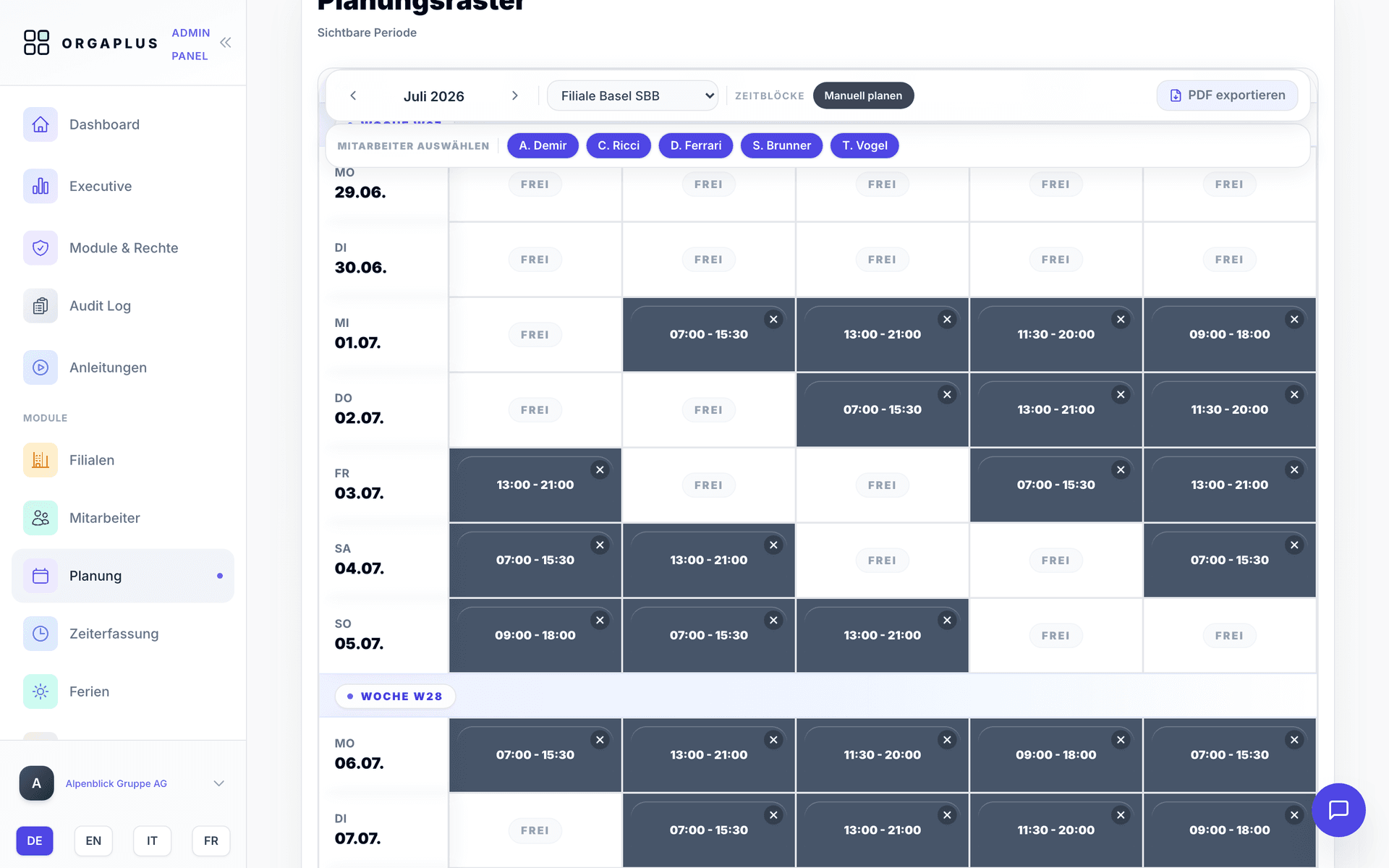 Weekly planning in OrgaPlus with coverage, conflicts and workload risk