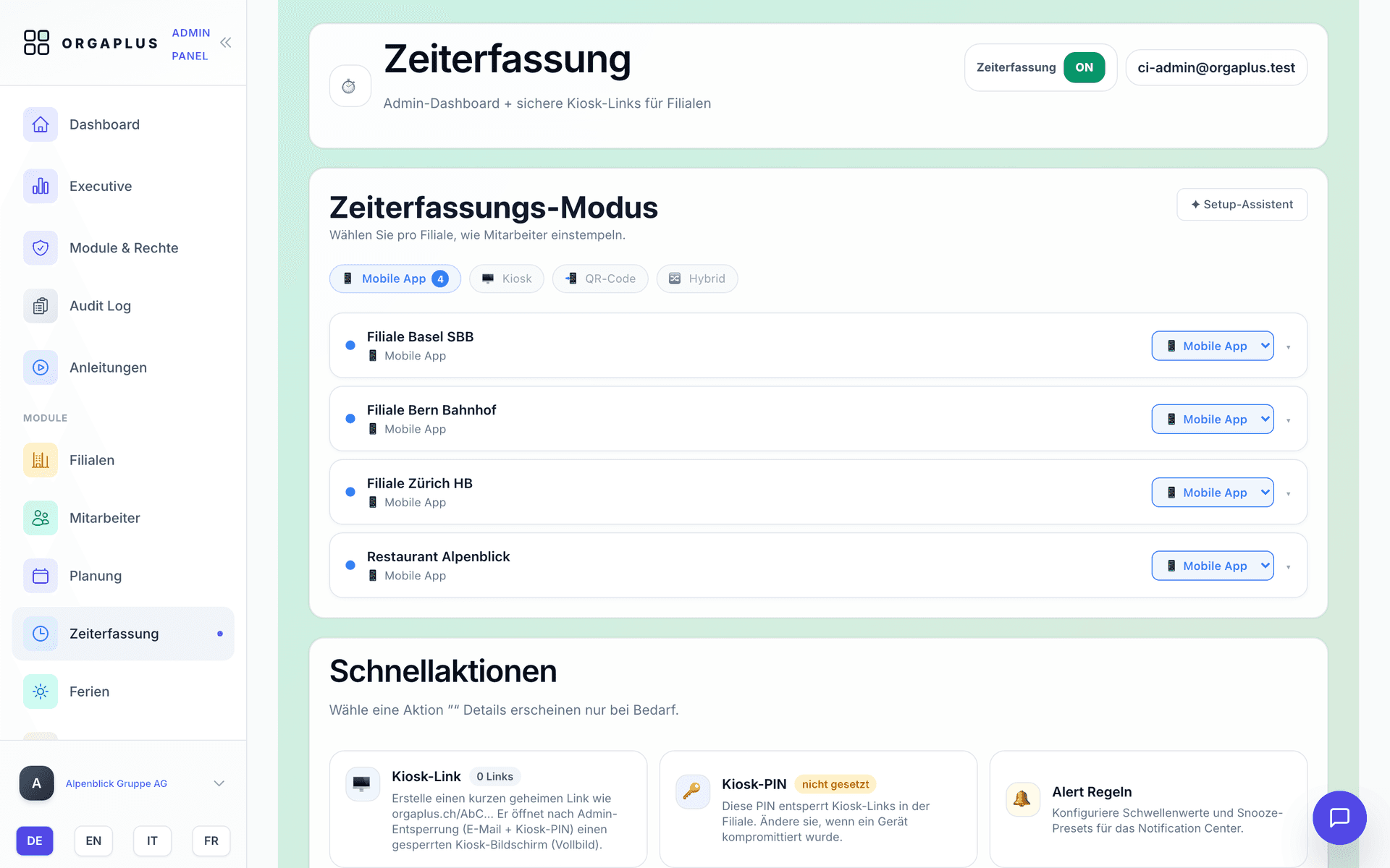 Time tracking in OrgaPlus: per-branch mode — mobile app, kiosk, QR code or hybrid
